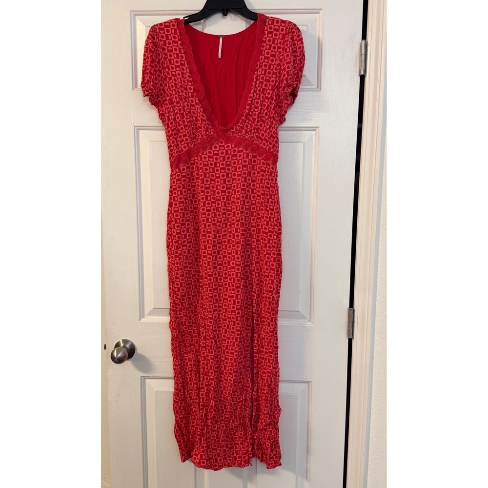 Free People Red Geometric Lace Trim V-Neck Midi Dress with Front Slit Size S - Picture 3 of 9